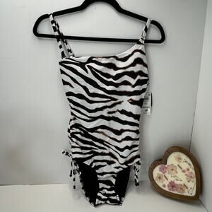 Bar III Wild Child Animal Print One Pcs Swim Suit White/Black/Brown Women XS NWT